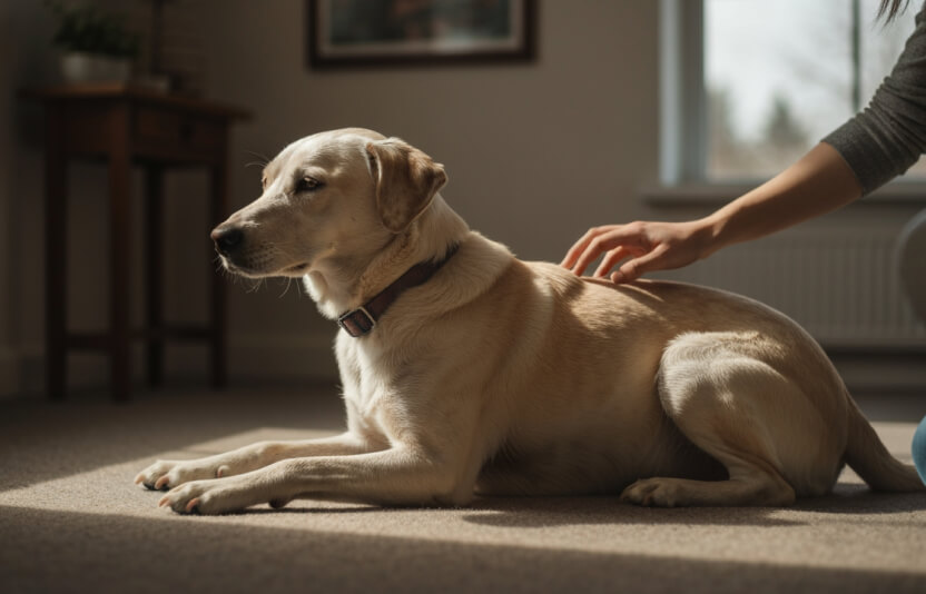 Собака дома, лежит спокойно, хозяин гладит холку.